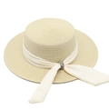 Detail of beige boater hat showing fine straw weave and silk ribbon with jewel buckle - M (56-58cm) / Beige