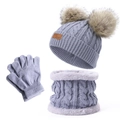 Three-piece winter knit set with grey cable knit hat, fleece lined scarf, and warm gloves - 3-Piece Set (Hat/Scarf/Gloves) / Gray