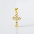 Golden cross pendant with white zircon micro-paving on a reflective white surface - N0034-Gold Cross Pendant