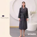 Women's long charcoal grey waffle knit bathrobe with white piping and waist belt - XL / Female Style / Charcoal Grey