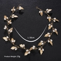 Golden bridal headband with metallic leaves and white pearls, 50cm long for wedding styling - Gold Artificial Pearl Leaf Hair Band (HS-J4419G) / 50cm