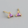 Macro shot of geometric gold earrings with faceted purple triangular zircon stones - Style 8-Triangle Claw Set Studs / Purple/Gold