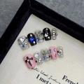 Handmade Y2K black and pink press-on nails with silver glitter and gothic cross charms - XS / 1971-Extra Short Coffin