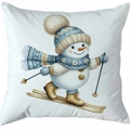 Housse de coussin de Noël blanche avec un joli motif de bonhomme de neige skiant - Style 25