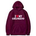 Burgundy hoodie with white I Love My Girlfriend print and front kangaroo pocket - S / Tops / Burgundy