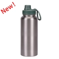 Large 1L stainless steel thermal sports water bottle with silver body and dark green lid - Silver-Moss Green Sports Lid