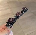 Elegant black hair clip featuring three purple rhinestone flowers for side fringe styling - Purple