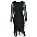 Schmal geschnittenes schwarzes Langarm-Mesh-Minikleid mit gerafftem, unregelmäßigem Saum - S / Schwarz