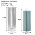 Vertical ribbed pillar candle mold made of clear plastic with finished wax sample - Striped Pointed Top 8x20cm