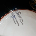 Elegant silver bow drop earrings with sparkling rhinestones and ribbon tassel design - Rhinestone Bow Knot Stud Earrings