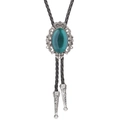 Western Bolo Tie with green agate stone and vintage silver crown border on black leather - Dark Green Cat's Eye