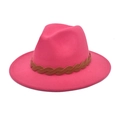 Detailed texture of rose red wool fedora hat featuring a brown braided leather band - M (56-58cm) / Rose Red