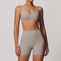 Set yoga due pezzi con reggiseno sportivo scollo a U e pantaloncini a vita alta talpa - Taglia S / Top E Pantaloni / Reggiseno + Pantaloncini / Lino
