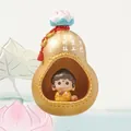 Golden gourd ornament with Zen monk hitting wooden fish and pink lotus flower - W1188-32 Wooden Fish Buddha