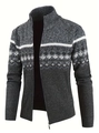 Detail of men's knit cardigan featuring geometric patterns and durable zipper closure - M / Dark Gray