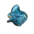 Detailed macro view of a translucent blue mini hair claw clip with golden metal spring - Aqua