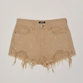 Distressed khaki camouflage denim shorts with white paint splatter and frayed hems - XS / Desert
