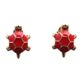 Minimalist turtle stud earrings with red enamel and gold-plated finish on white background - Red
