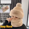 Bonnet tricoté beige pour femme avec écharpe intégrée et pompon en fausse fourrure - Kaki