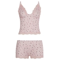 Zweiteiliges Loungewear-Set in Rosa mit Blumenmuster, Spitzenbesatz und V-Ausschnitt - S / Rosa