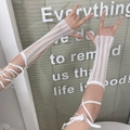 White lace arm warmers with Y2K ribbon lace-up design and floral embroidery detail - White Cross Tie