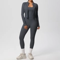 Three-piece charcoal yoga set including zip-up jacket, cropped tank top, and high-waist leggings - Graphite Grey