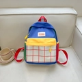 Kids color-block canvas backpack in red blue and yellow with checkerboard pattern detail - Blue Color Block