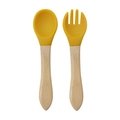 Baby silicone spoon and fork set with natural wood handles in yellow for infant feeding - Wooden Handle Spoon and Fork Set / Ginger Yellow
