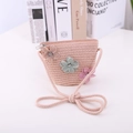 Detailed view of pink straw crossbody bag for girls with lace flowers and shiny rhinestones - S (50-52cm) / Light Pink-Bag