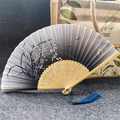 Chinese bamboo silk fan with gray gradient ink painting and blue tassel charm - Quiet Orchid - Light Handle