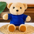 Klassieke zachte beige teddybeer knuffel met een blauw t-shirt op een geweven mat - 22cm / Zittende beer - Blauw T-shirt