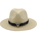 Unisex straw fedora hat with ethnic band and silver bull skull pendant on white background - M(56-58cm) / Beige