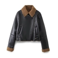 Women's black faux leather motorcycle jacket with brown fleece lining and zip closure - XS / Black