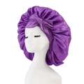 Purple satin silk sleep cap for hair care with decorative bow on white mannequin - Small Single Layer Cross Ribbon / Dark Purple