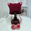 Cute red and black striped cat ear knit hat with pom-poms and sequined star charm - M (56-58cm) / Red
