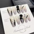 Handmade gradient purple press-on nails with 3D black rose, butterfly, and pearl accents - Large (L)