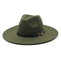 Detail of army green wool fedora hat with black leather strap and gold buckle accent - Adult 56-59cm / Army Green