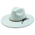 Detail of mint green fedora hat featuring gold chain trim and a black bow accent - Mint Green