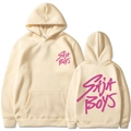 Hoodie beige Saja Boys avec lettrage rose, vue avant et arrière du sweat-shirt à capuche - Kaki