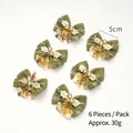 Pack of 6 dark green linen Christmas bows with golden bells and bells for wreaths - Green Gold Leaf / Set of 6