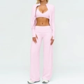 Women's 3-piece light pink yoga set with zip jacket, sports bra and wide leg pants - S / Top And Bottom / Jacket + Bra + Wide Leg Pants (3-Piece Set) / Sakura Pink