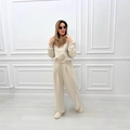 Women's two-piece beige leisure tracksuit with half-zip hoodie and wide-leg sweatpants - S / Apricot