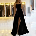 Elegant black velvet evening gown with spaghetti straps and high side slit design - S (US 2) / Black