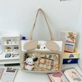 Cute cartoon character tote bag in beige and coffee with transparent PVC window for DIY - Summer Canvas Version / Khaki