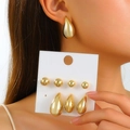 Golden chunky hoop earring set featuring polished water-drop and circular designs - Gold Polished Teardrop Ball Stud Set / KC Gold (A-661)