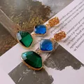 Macro shot of vintage style earrings with emerald and sapphire geometric gemstone drop - 7# Silver Needle - Gold - Square