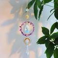 Golden sun and moon crystal suncatcher with purple amethyst stones and faceted prisms - Amethyst