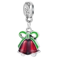 Christmas bell charm bead with red enamel and green bow on a silver fashion ring - Christmas Bell Charm (Red/Green Enamel/Fashion)