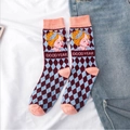 Lolita style mid-calf socks with blue purple diamond pattern and vintage lady graphic - One Size / Pink/Argyle Portrait