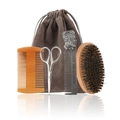 Men's beard grooming kit with wooden comb, metal scissors, boar bristle brush and storage bag - 5-Piece Set (Scissors+Double-Sided Comb+Oval Brush+Steel Comb+Pouch)